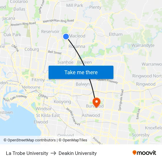 La Trobe University to Deakin University map