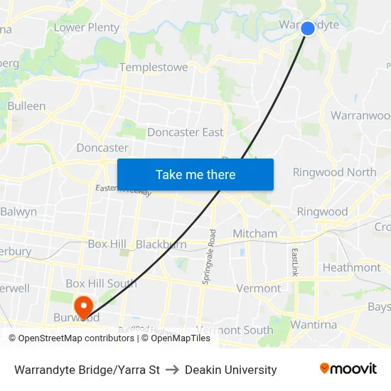 Warrandyte Bridge/Yarra St to Deakin University map