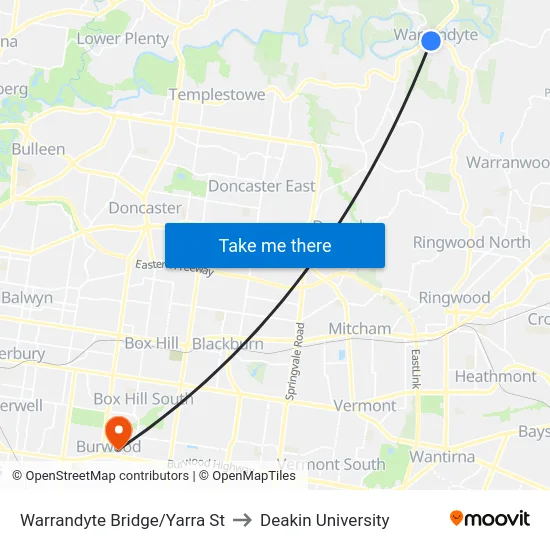 Warrandyte Bridge/Yarra St to Deakin University map
