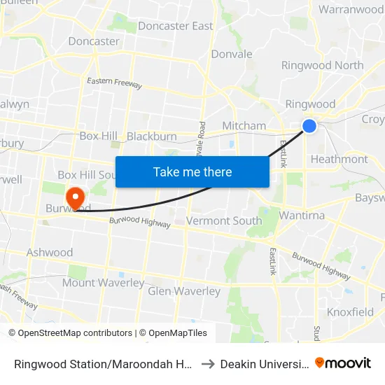 Ringwood Station/Maroondah Hwy to Deakin University map