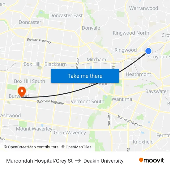 Maroondah Hospital/Grey St to Deakin University map