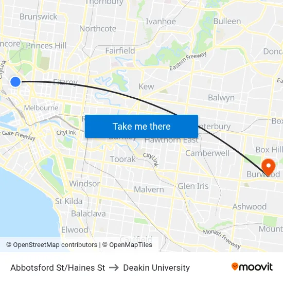 Abbotsford St/Haines St to Deakin University map