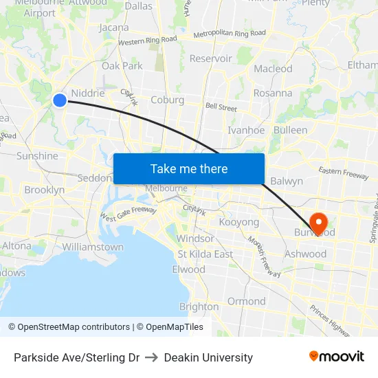 Parkside Ave/Sterling Dr to Deakin University map