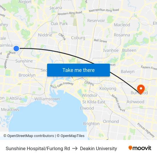 Sunshine Hospital/Furlong Rd to Deakin University map