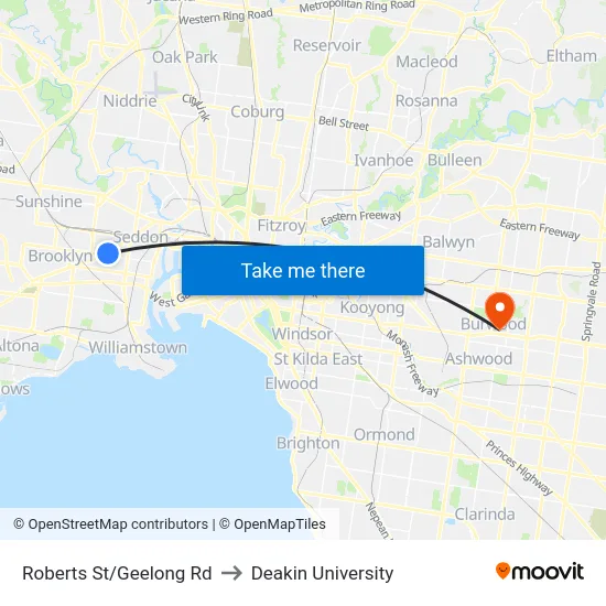 Roberts St/Geelong Rd to Deakin University map