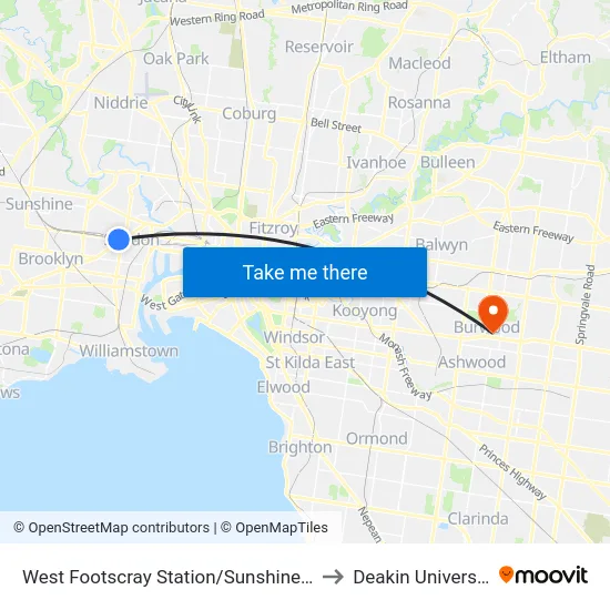 West Footscray Station/Sunshine Rd to Deakin University map