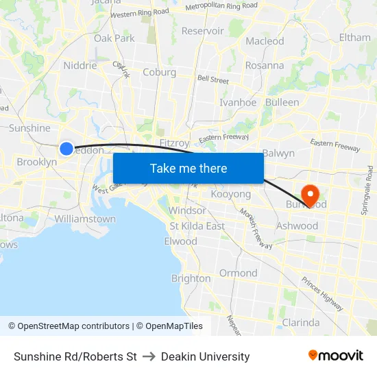 Sunshine Rd/Roberts St to Deakin University map