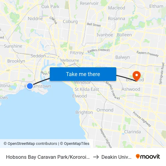 Hobsons Bay Caravan Park/Kororoit Creek Rd to Deakin University map
