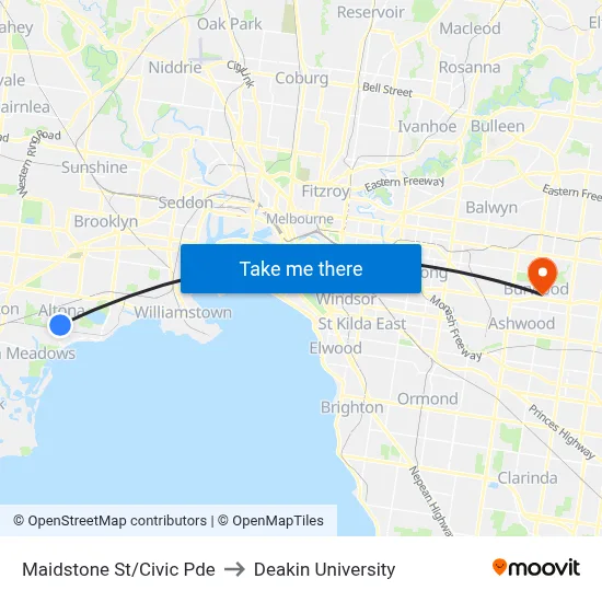 Maidstone St/Civic Pde to Deakin University map
