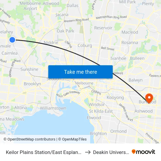 Keilor Plains Station/East Esplanade to Deakin University map
