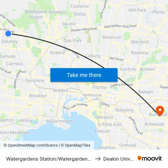 Watergardens Station/Watergardens Circuit Rd to Deakin University map