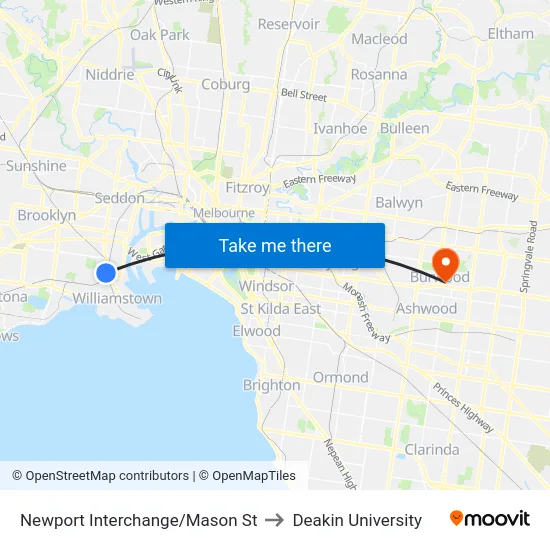 Newport Interchange/Mason St to Deakin University map