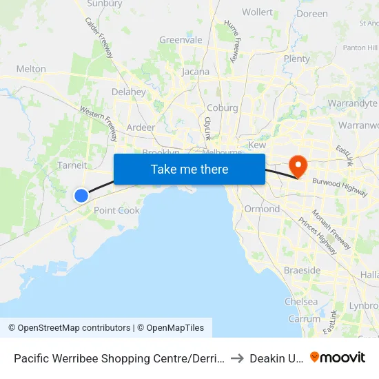 Pacific Werribee Shopping Centre/Derrimut Rd to Deakin University map