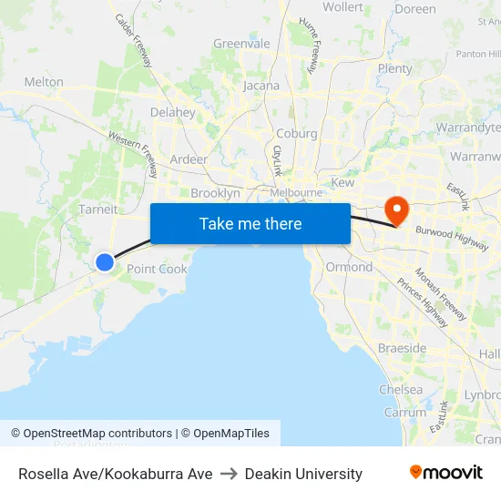 Rosella Ave/Kookaburra Ave to Deakin University map
