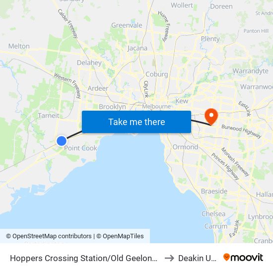 Hoppers Crossing Station/Old Geelong Rd (Hoppers Crossing) to Deakin University map