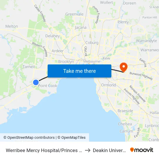 Werribee Mercy Hospital/Princes Hwy to Deakin University map