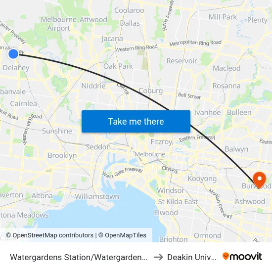 Watergardens Station/Watergardens Circuit Rd to Deakin University map