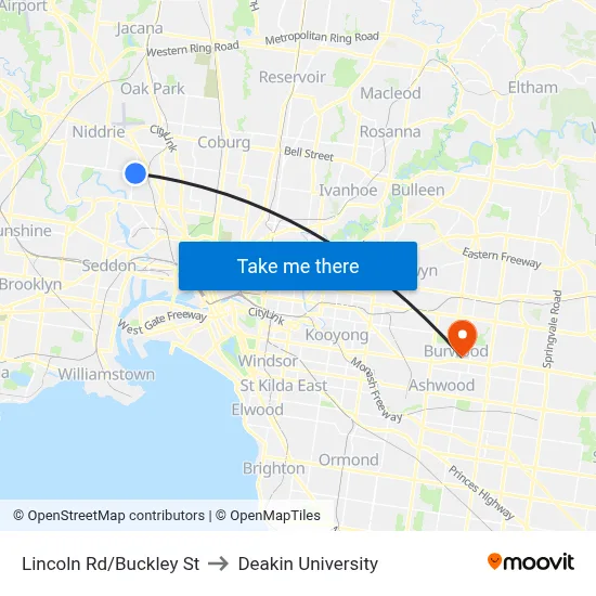 Lincoln Rd/Buckley St to Deakin University map