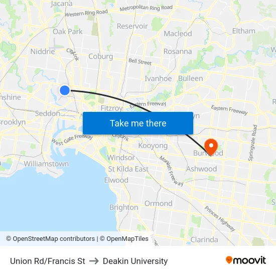 Union Rd/Francis St to Deakin University map
