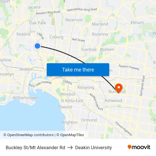 Buckley St/Mt Alexander Rd to Deakin University map