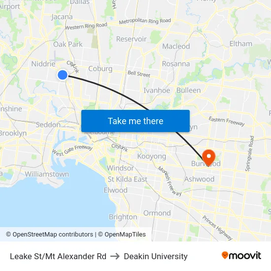 Leake St/Mt Alexander Rd to Deakin University map