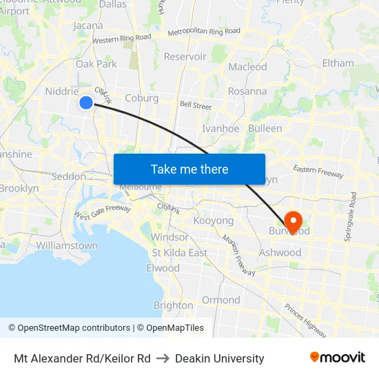 Mt Alexander Rd/Keilor Rd to Deakin University map