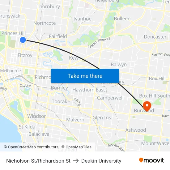 Nicholson St/Richardson St to Deakin University map