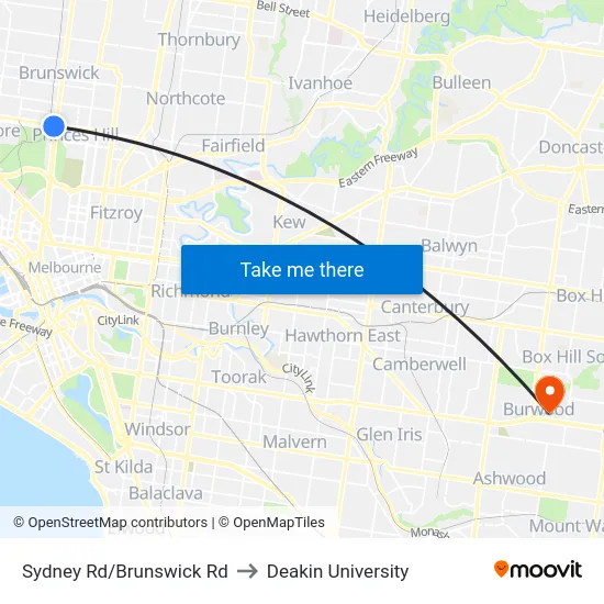 Sydney Rd/Brunswick Rd to Deakin University map