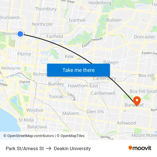 Park St/Amess St to Deakin University map