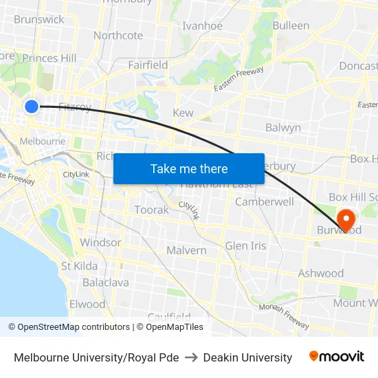Melbourne University/Royal Pde to Deakin University map