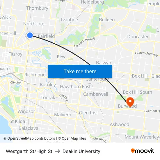 Westgarth St/High St to Deakin University map