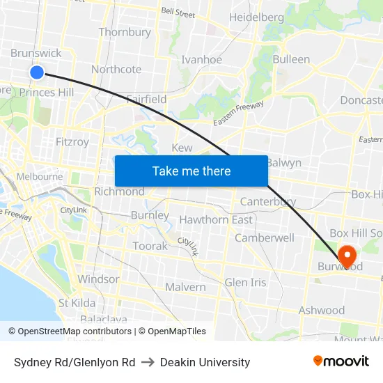 Sydney Rd/Glenlyon Rd to Deakin University map