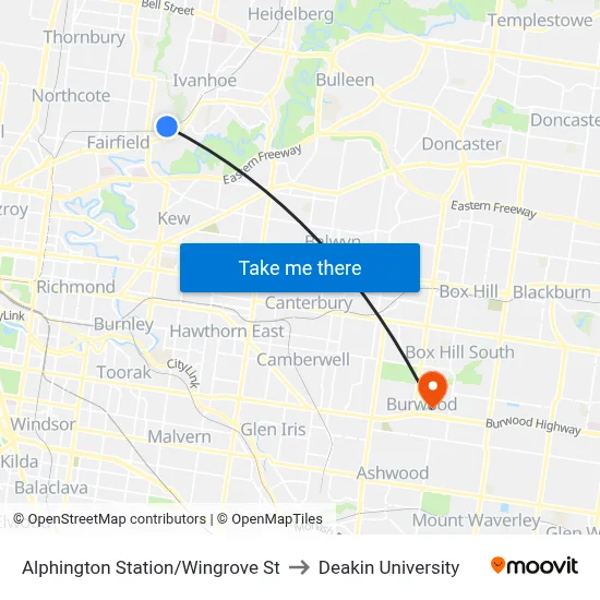 Alphington Station/Wingrove St to Deakin University map