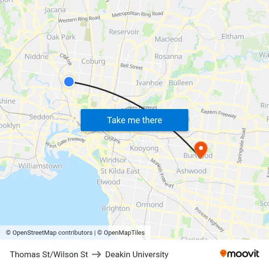 Thomas St/Wilson St to Deakin University map