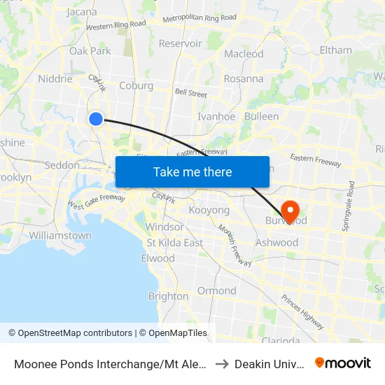 Moonee Ponds Interchange/Mt Alexander Rd to Deakin University map