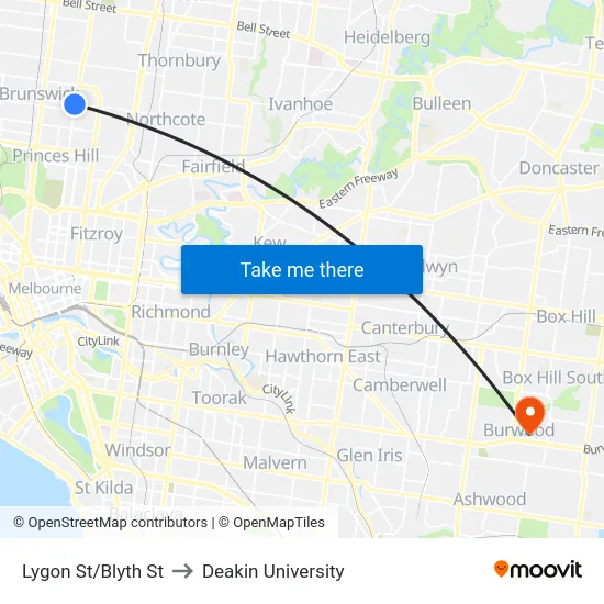 Lygon St/Blyth St to Deakin University map