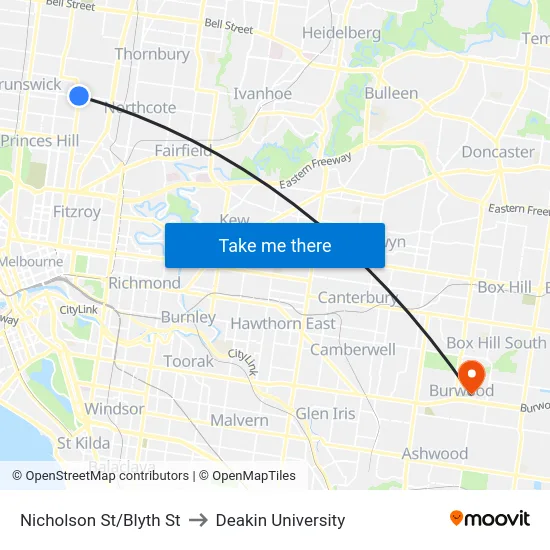 Nicholson St/Blyth St to Deakin University map
