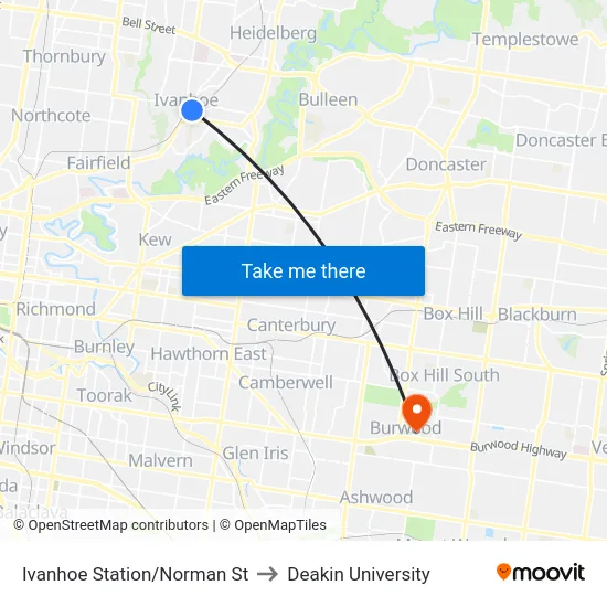 Ivanhoe Station/Norman St to Deakin University map