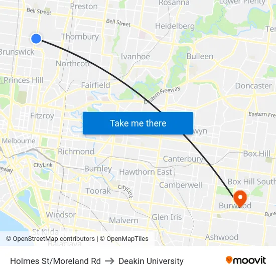Holmes St/Moreland Rd to Deakin University map