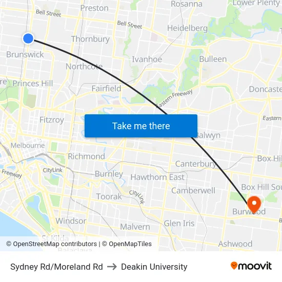 Sydney Rd/Moreland Rd to Deakin University map