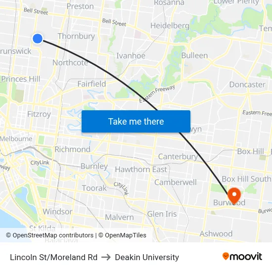 Lincoln St/Moreland Rd to Deakin University map