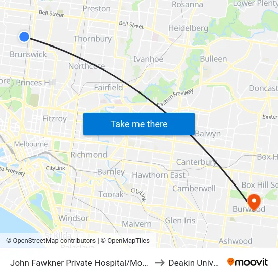 John Fawkner Private Hospital/Moreland Rd to Deakin University map