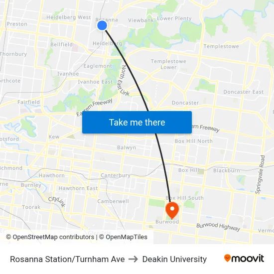 Rosanna Station/Turnham Ave to Deakin University map