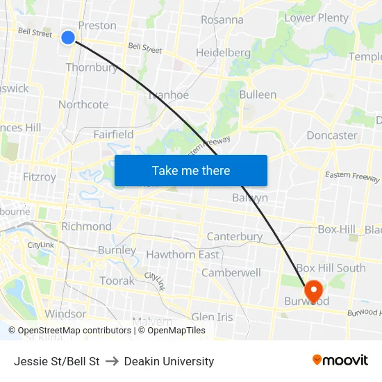 Jessie St/Bell St to Deakin University map
