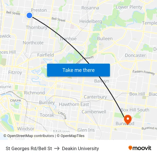 St Georges Rd/Bell St to Deakin University map