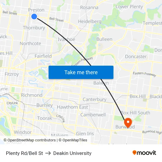 Plenty Rd/Bell St to Deakin University map