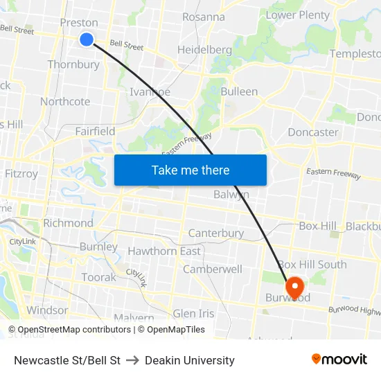 Newcastle St/Bell St to Deakin University map