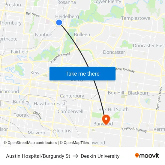 Austin Hospital/Burgundy St to Deakin University map