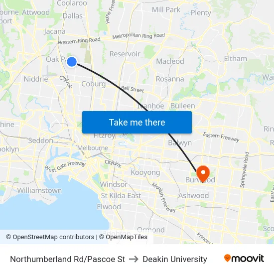 Northumberland Rd/Pascoe St to Deakin University map