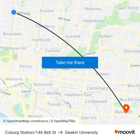 Coburg Station/146 Bell St to Deakin University map